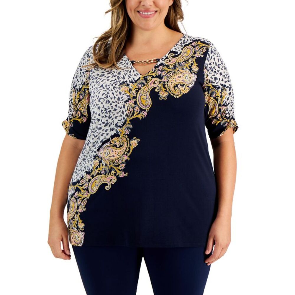 JM Collection Plus Size Beia Paisley Print Ruched Sleeve Tunic